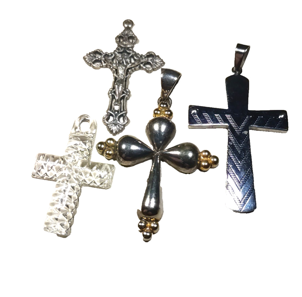 Lot Of 4 Religious Cross Silver Gold Tone Acrylic